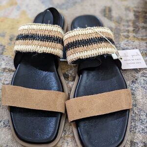 Brown Black Mila Paoli Striped Italian Leather Open Toe Slingback Sandals (NWT)